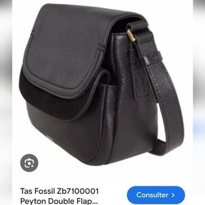Fossil Peyton Double Flap Crossbody  Black Leather Handbag Like New